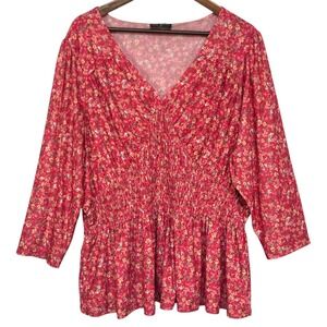 Lane Bryant Floral Print Smocked Peplum Blouse Top Plus Size 22/24 Red‎ Y2K
